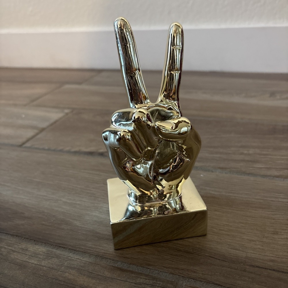 Gold Peace Hand Sculpture 9" Home Decor, Peace Sign, Book End, Paperweight